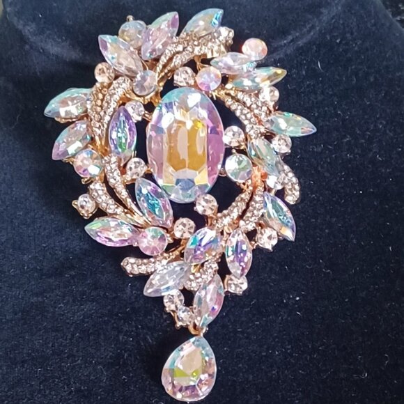 Aurora Borealis Rhinestone Brooch 4" - Picture 1 of 5